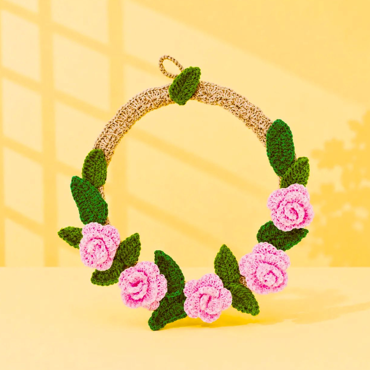 Crochet Wreath with Pink Roses